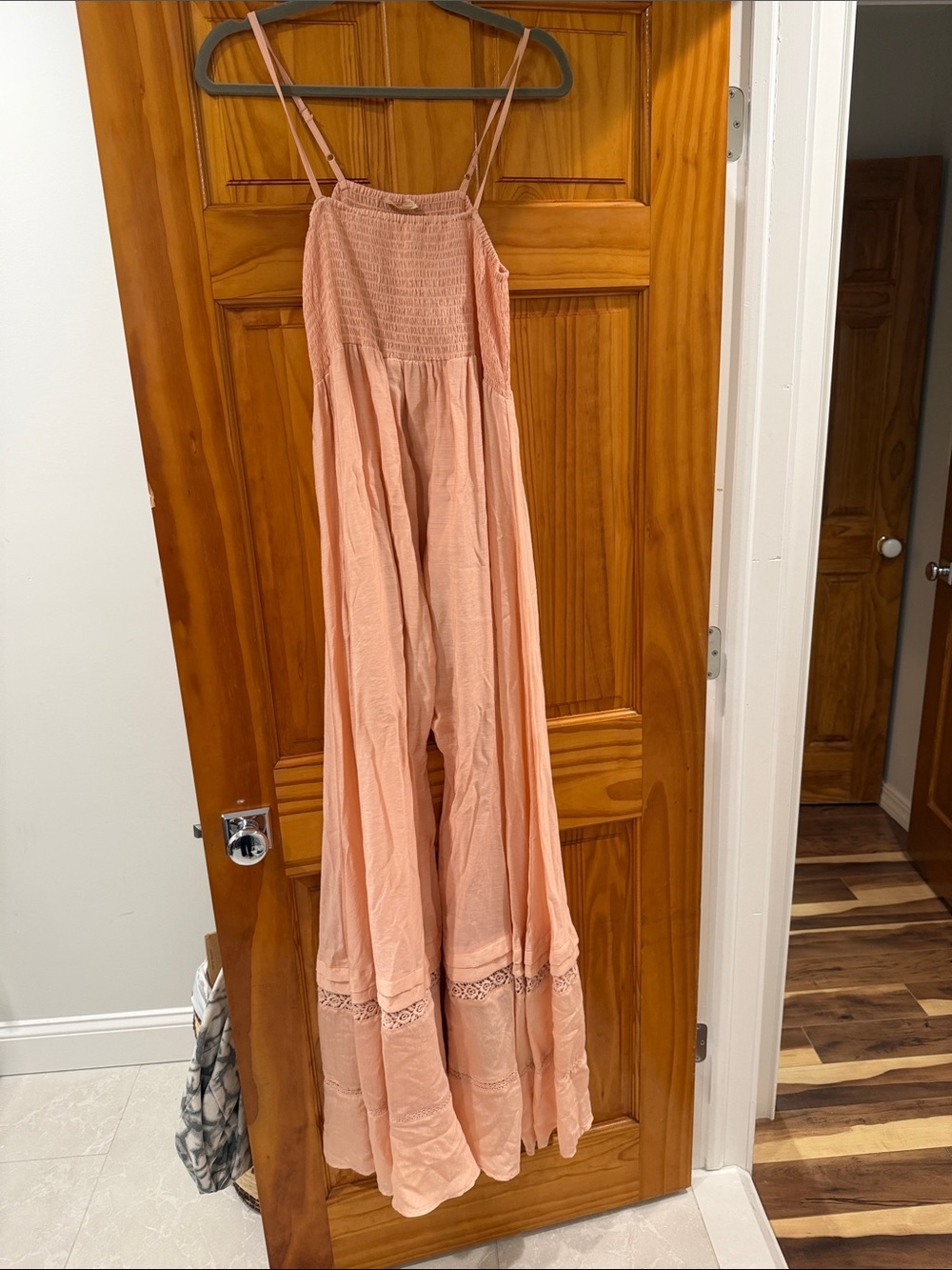 Chetta B Peach Pink Smocked Wide-Leg Lace-Trim Jumpsuit